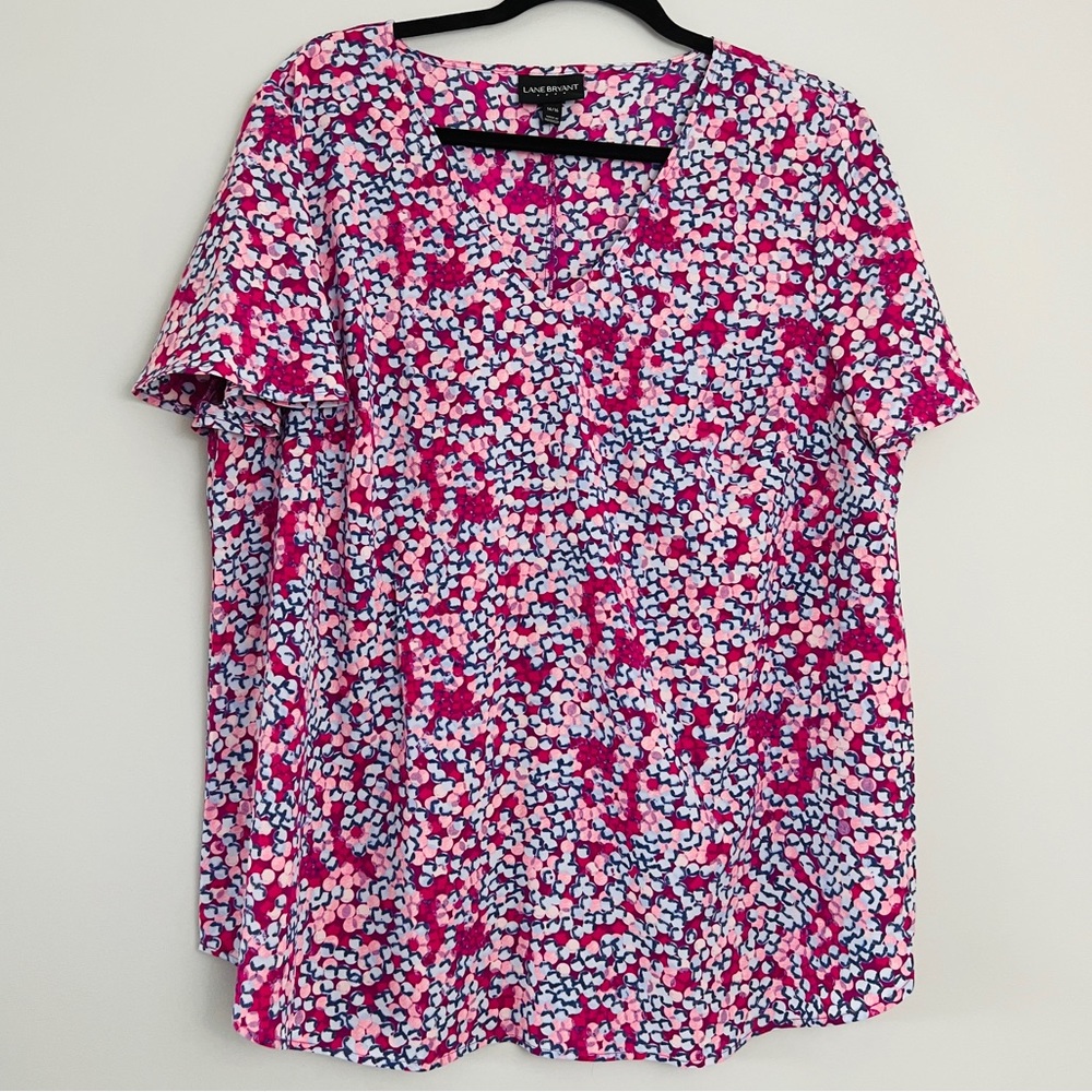Lane Bryant Pink Confetti Dot V-Neck Work Top